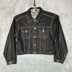 Vintage Watch LA Denim Jacket Womens XL Black Yellow Stitch USA Pockets Cropped